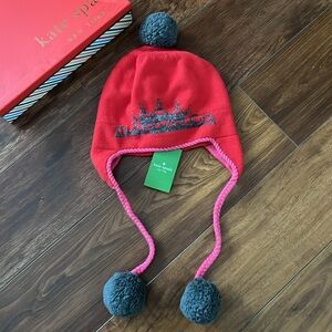 New Kate Spade Big Apple Tiara Ski Hat, Red, Pink, Grey, Pom Poms, New in Box